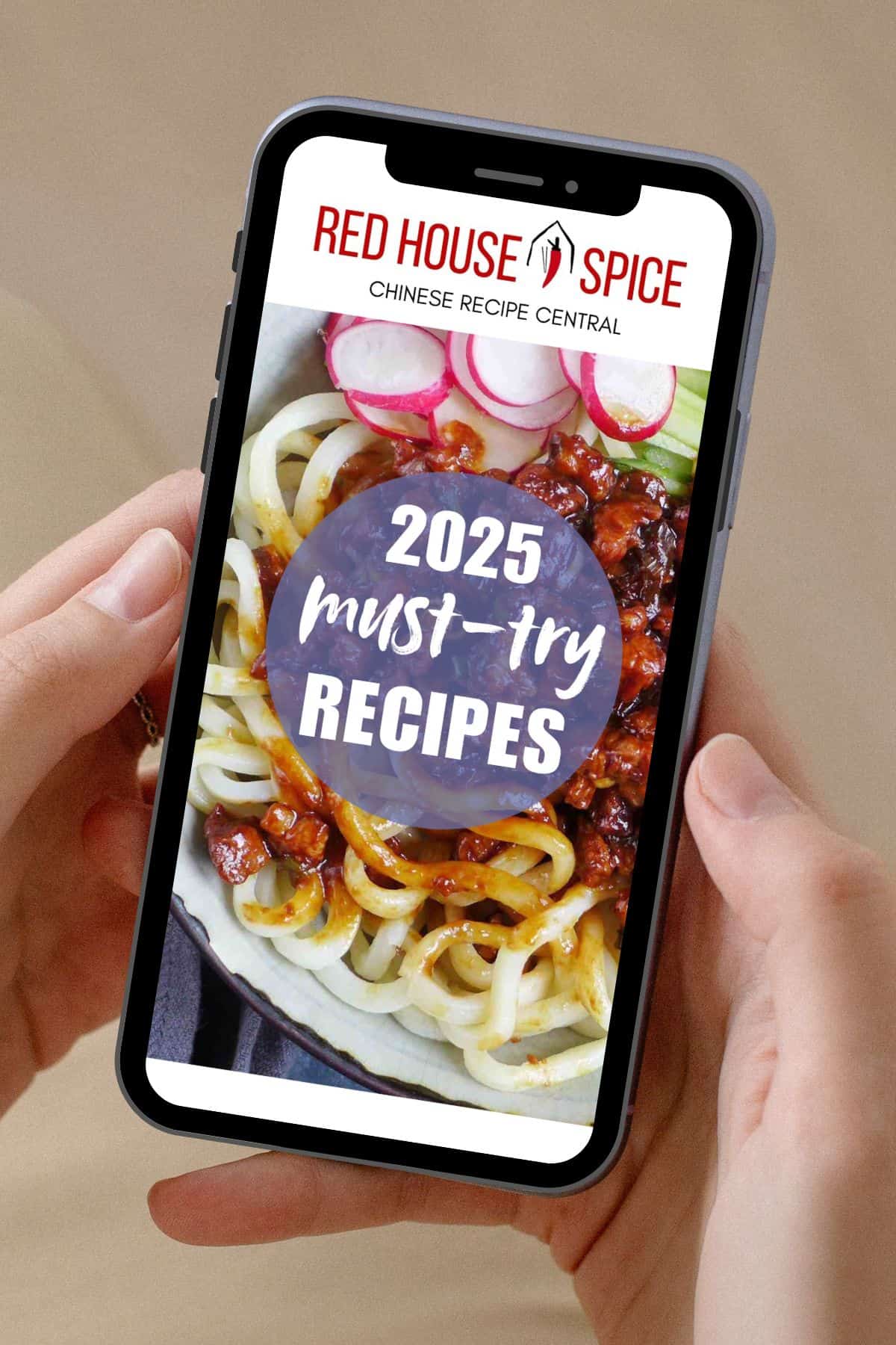 a mobile phone screen showing red house spice website with a noodle dish picture.