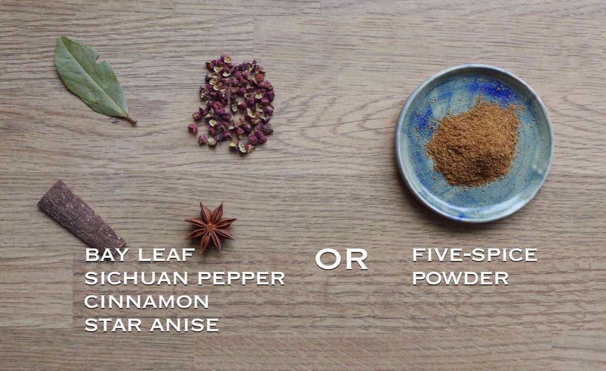 bay leaf, star anise, cinnamon, Sichuan pepper and five-spice powder.