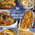 a collage of six dishes with overlay text that says 16 Chinese breakfast recipes.