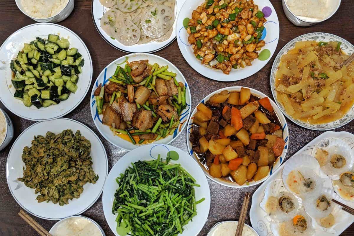 A multi-dish Chinese meal.