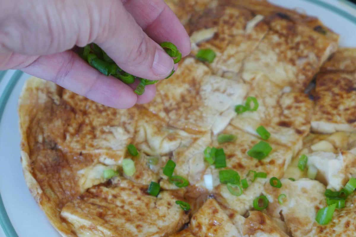 sprinkle scallions over omelet.