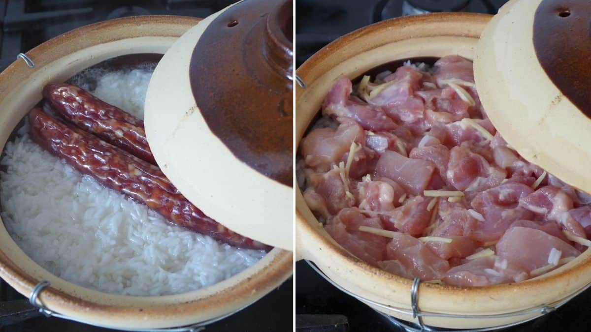 sausages and chicken in two clay pots.