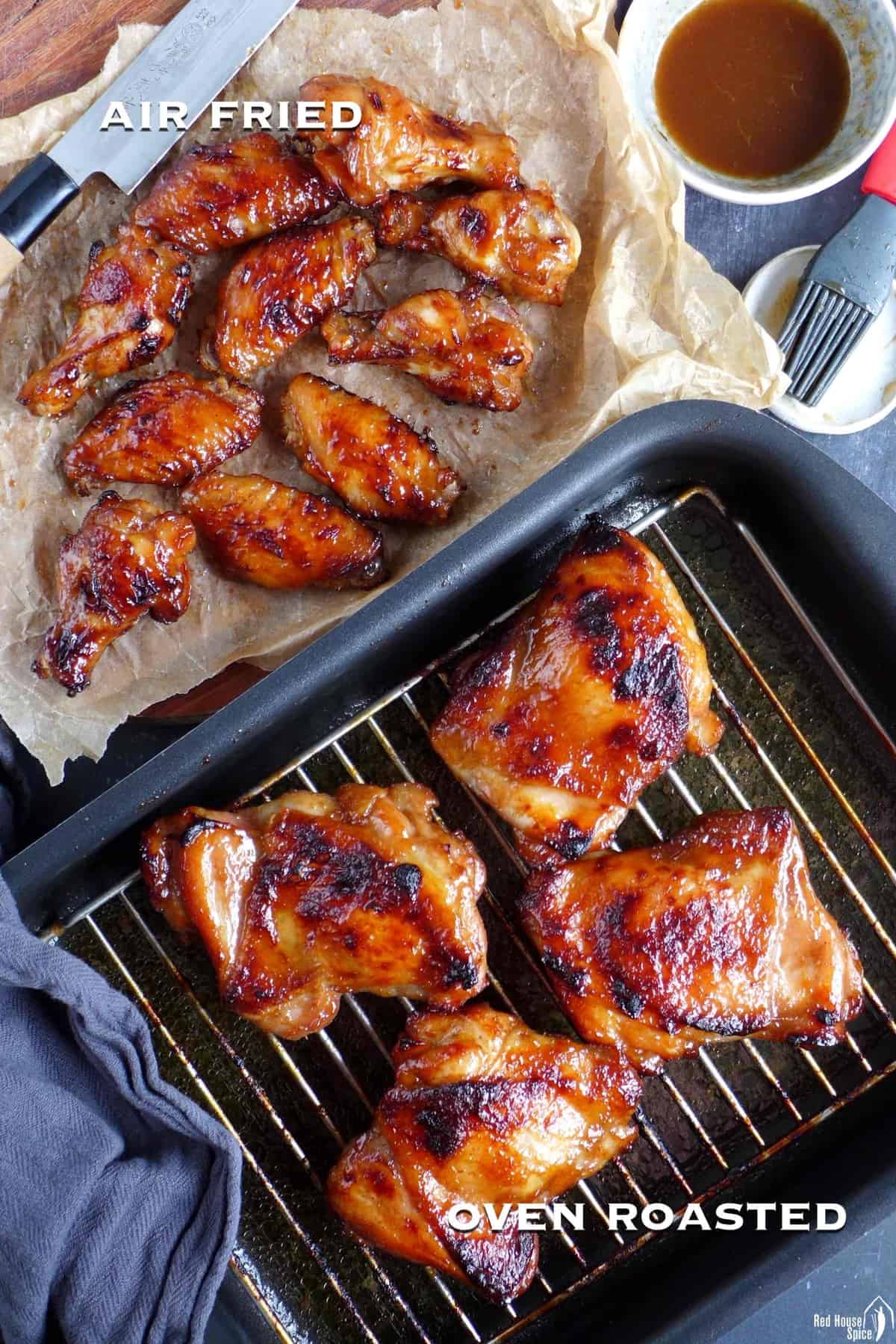 oven roasted Char Siu chicken thighs and air fried chicken wings