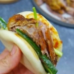 A steamed bao bun stuffed with duck, cucumber, scallions and sauces.