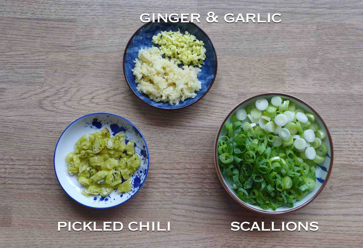 ginger, garlic, scallions and pickled chili.