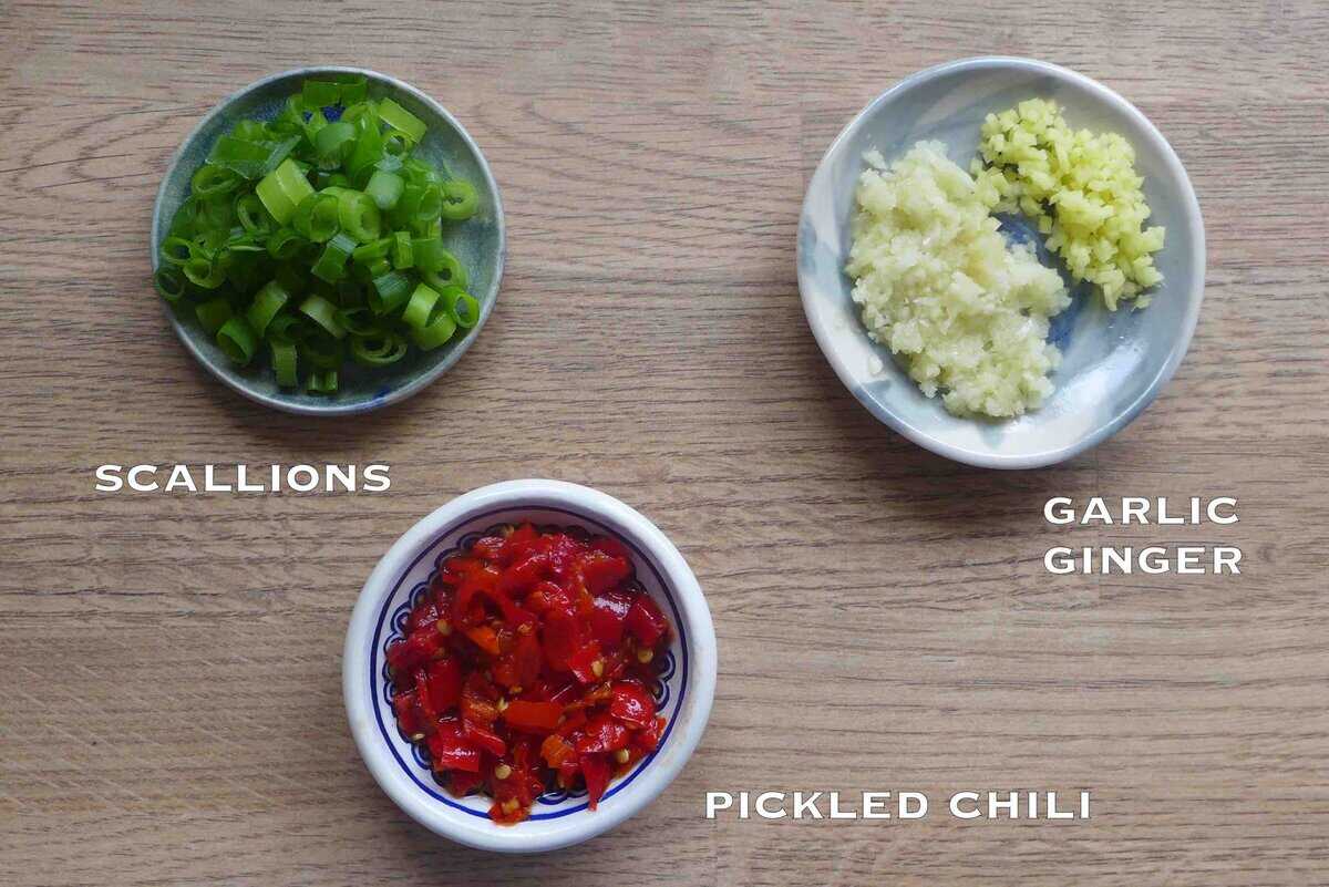 scallions. ginger, garlic, and pickled chili.