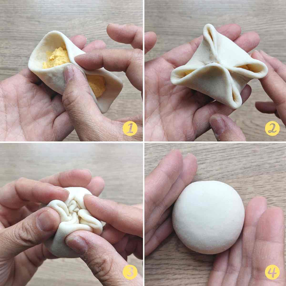 A collage of images showing how to assemble a custard bun