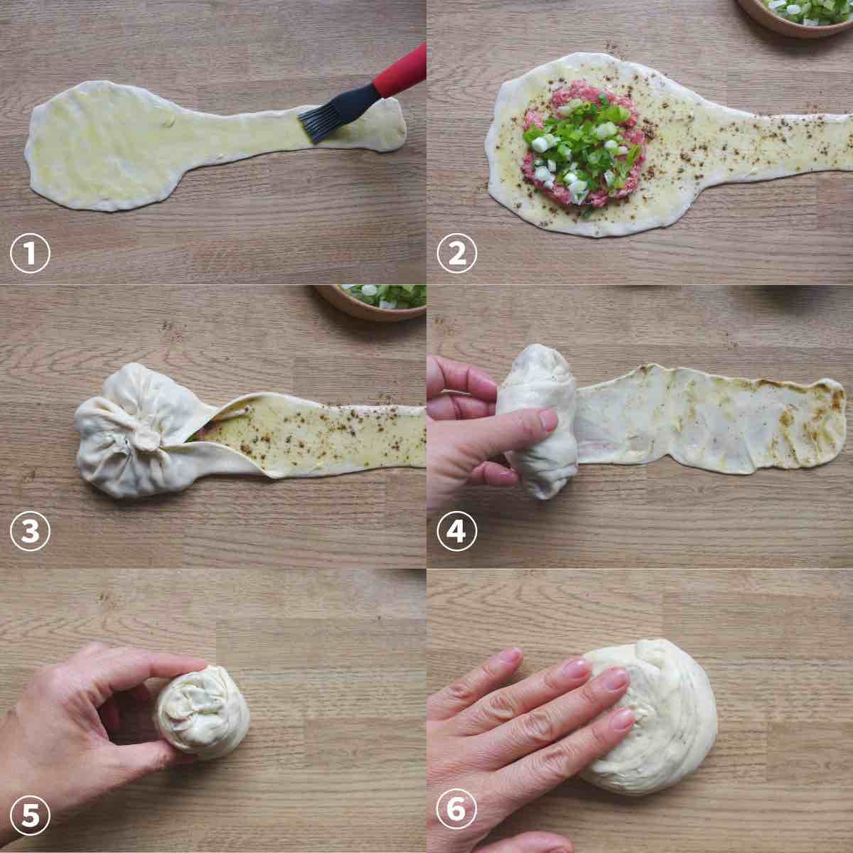Process shots of assembling beef flatbread.
