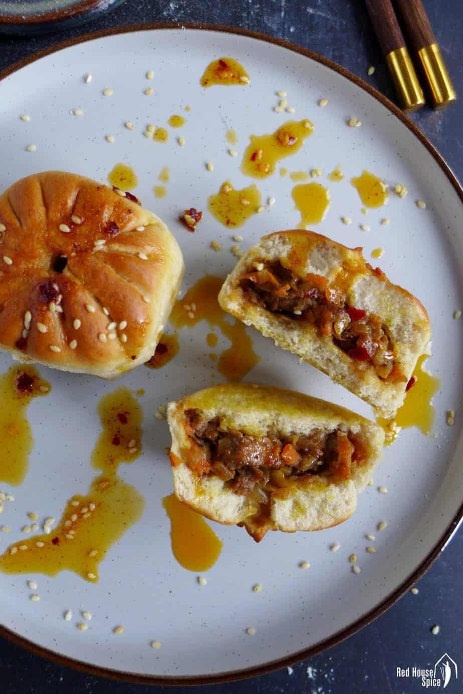 baked bao bun with chilli oil