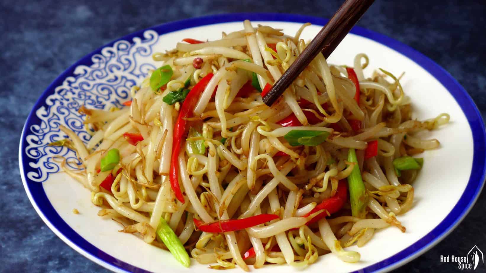 A plate of mung bean sprout stir-fry
