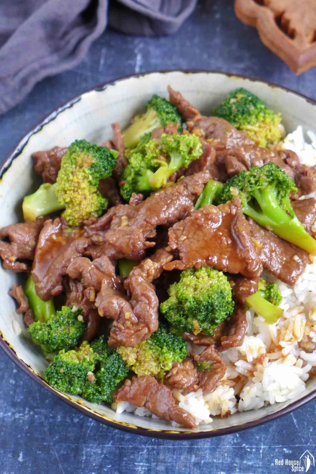 beef and broccoli stir-fry over steamed rice.