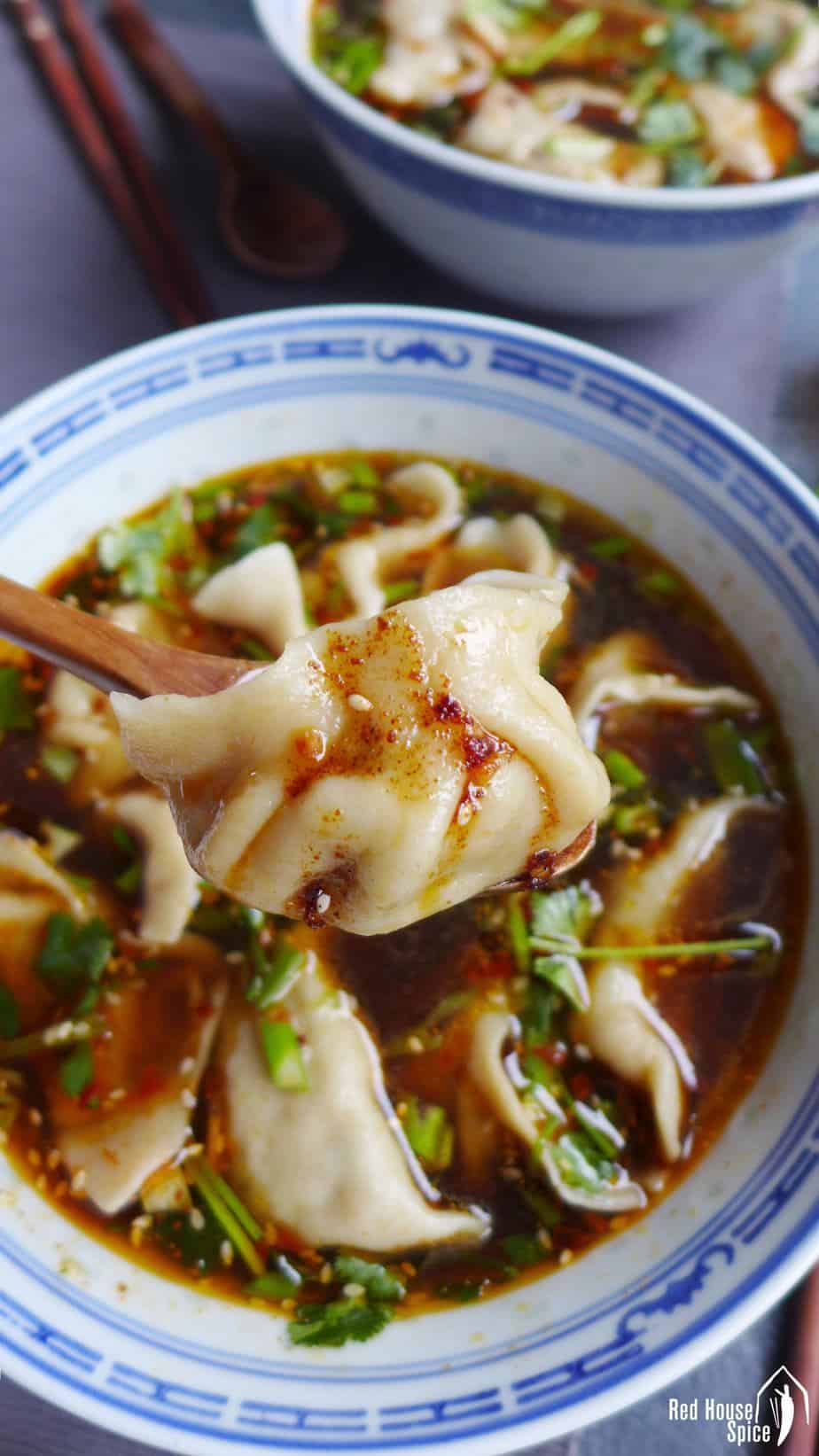 Beef dumplings with spicy sauce