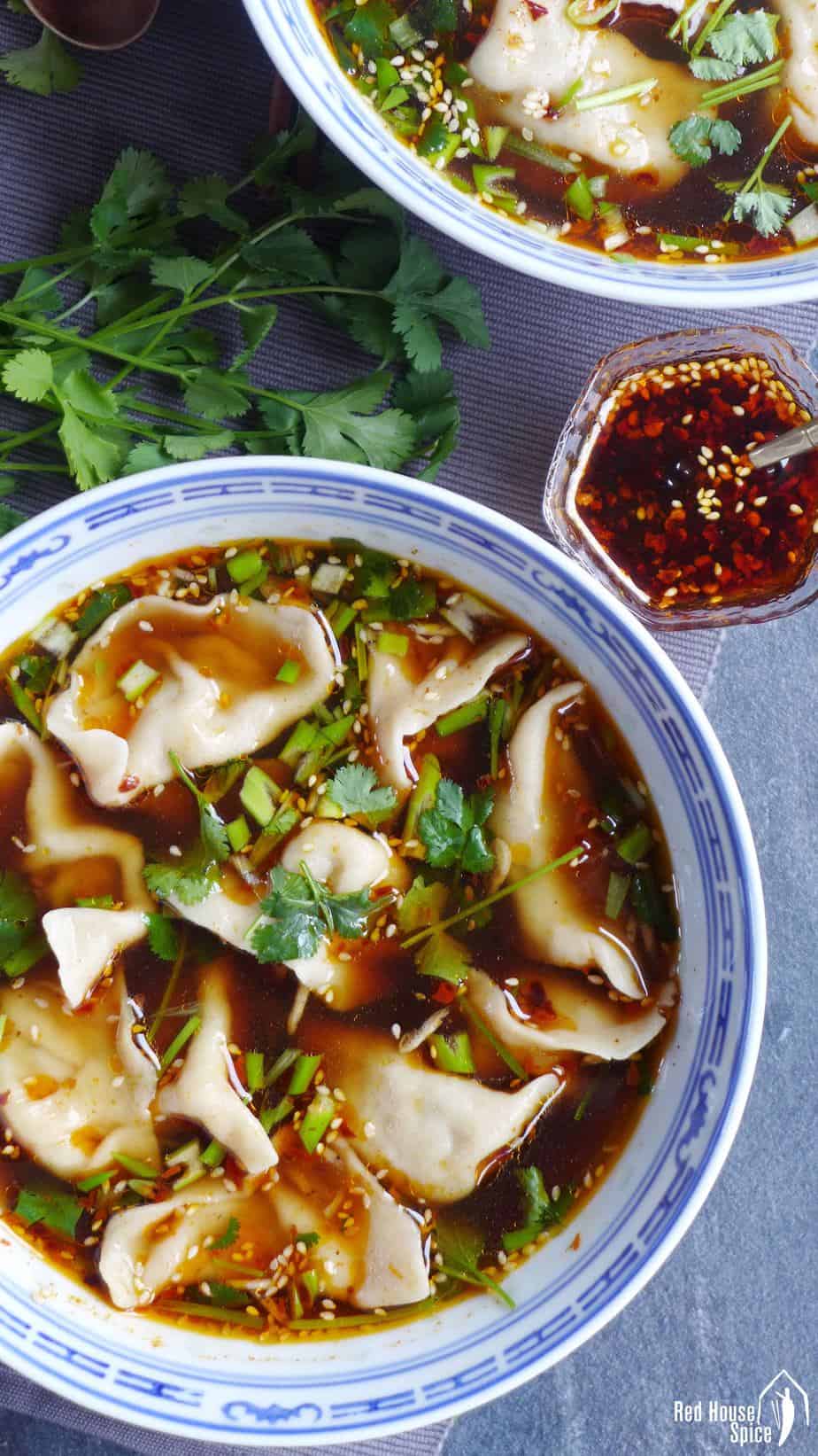 A bowl of beef dumpling soup