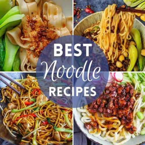 A collage of four noodle dishes with overlay text that says best noodle recipes.