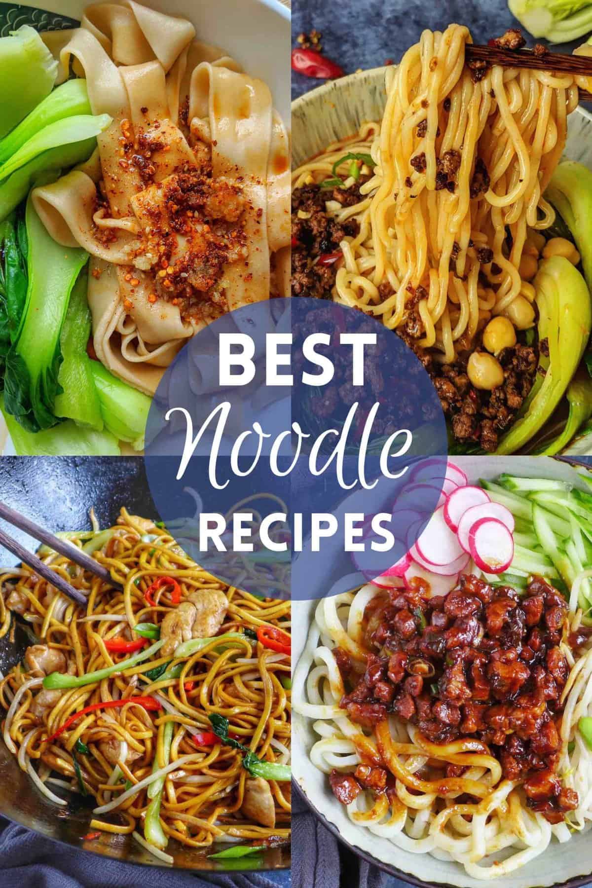 A collage of four noodle dishes with overlay text that says best noodle recipes.