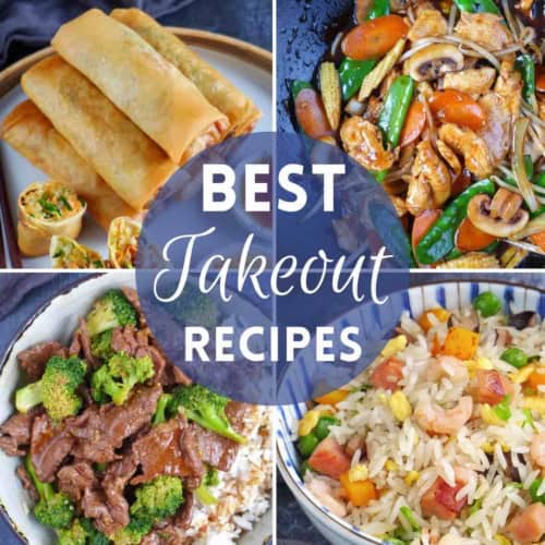 A collage of four chinese takeout dishes with overlay text that says best takeout recipes.