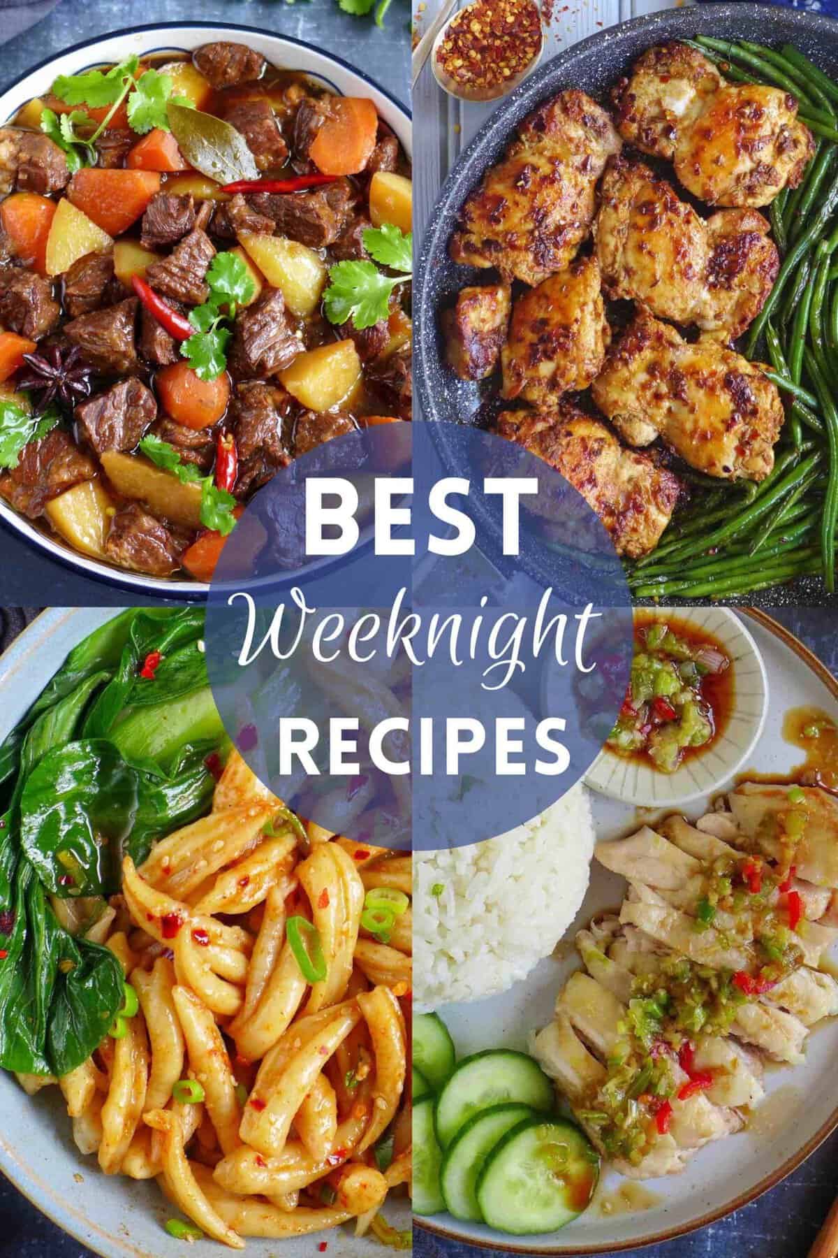 a collage of four dishes suitable for weeknight dinners.