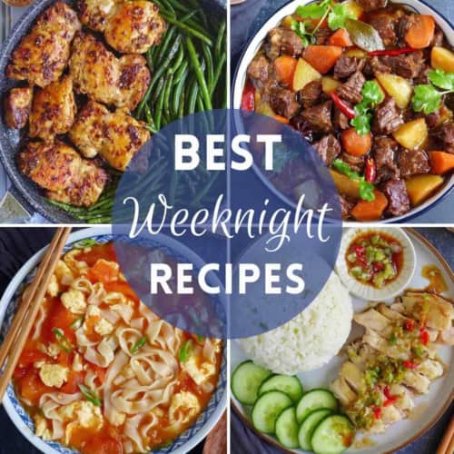 a collage of four dishes suitable for weeknight dinners.