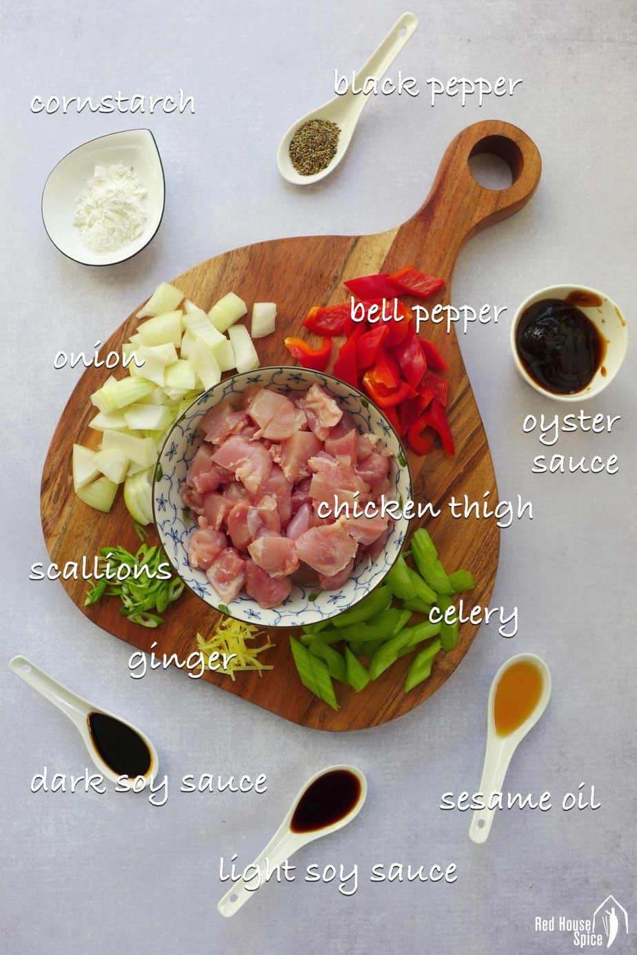 Ingredients for cooking black pepper chicken.