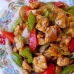 A plate of black pepper chicken stir-fry