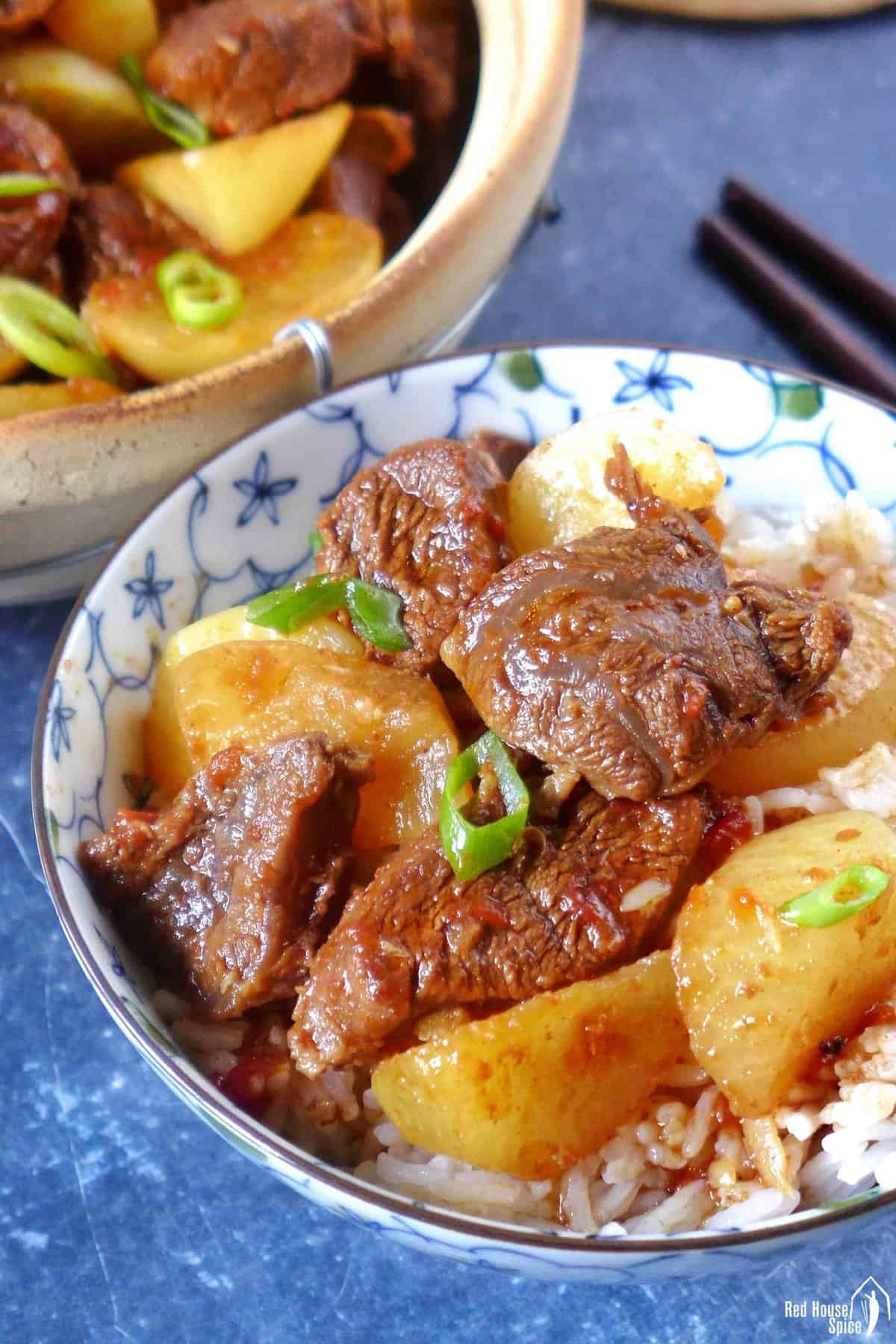 braised beef with daikon over steamed rice.