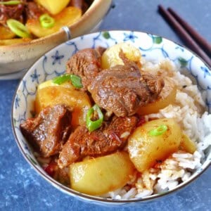 braised beef with daikon over steamed rice.