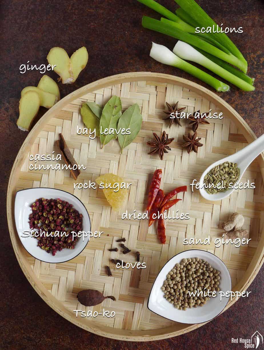 A collection of Chinese spices, scallions and ginger