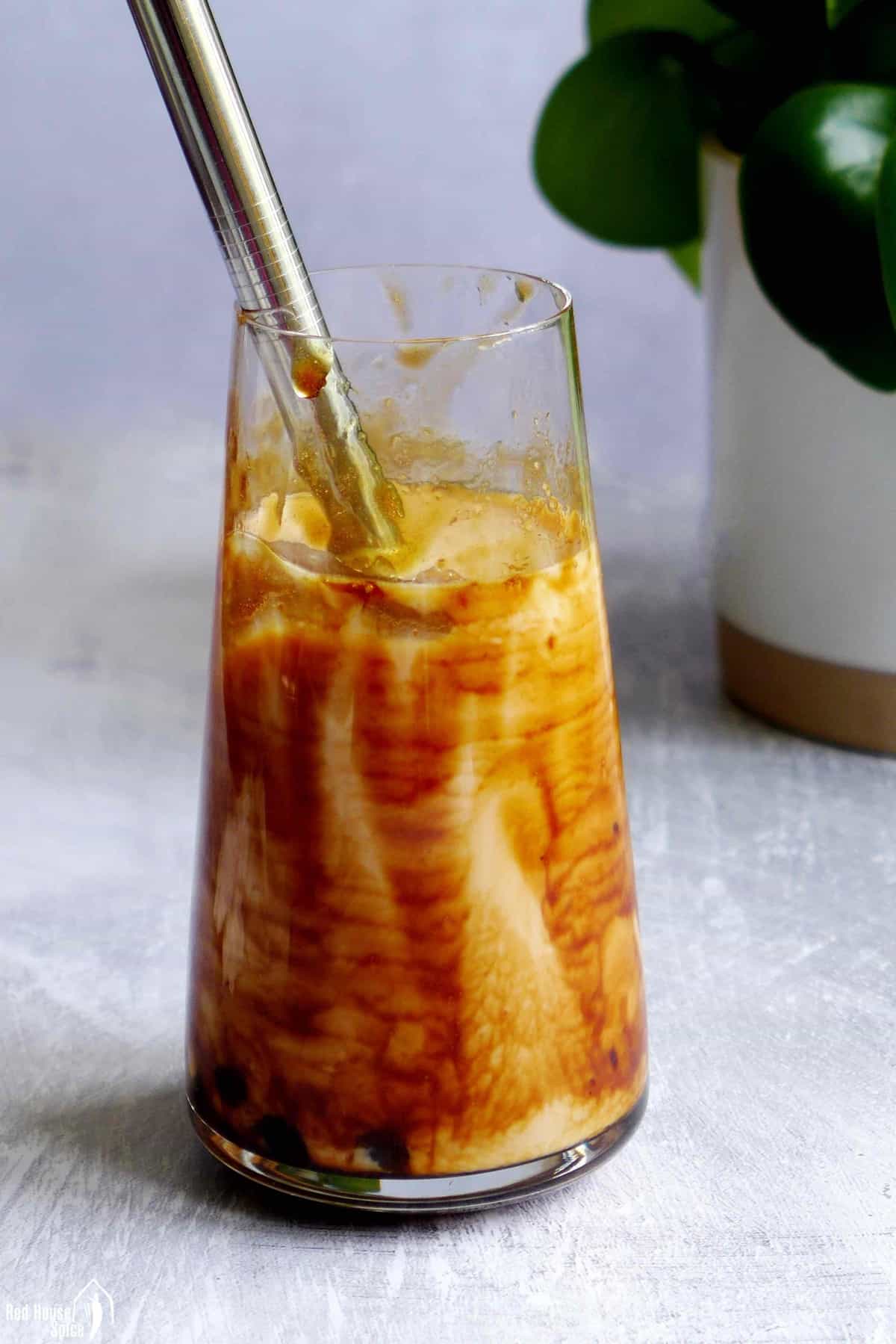 A glass of brown sugar bubble tea.