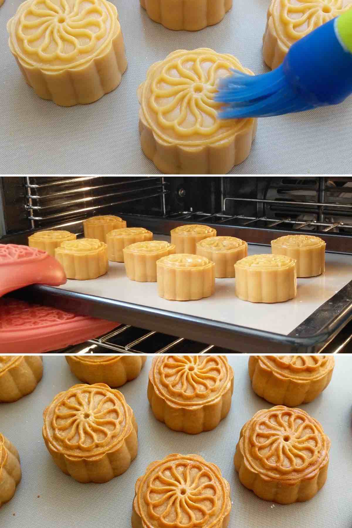 Brushing and baking mooncakes.
