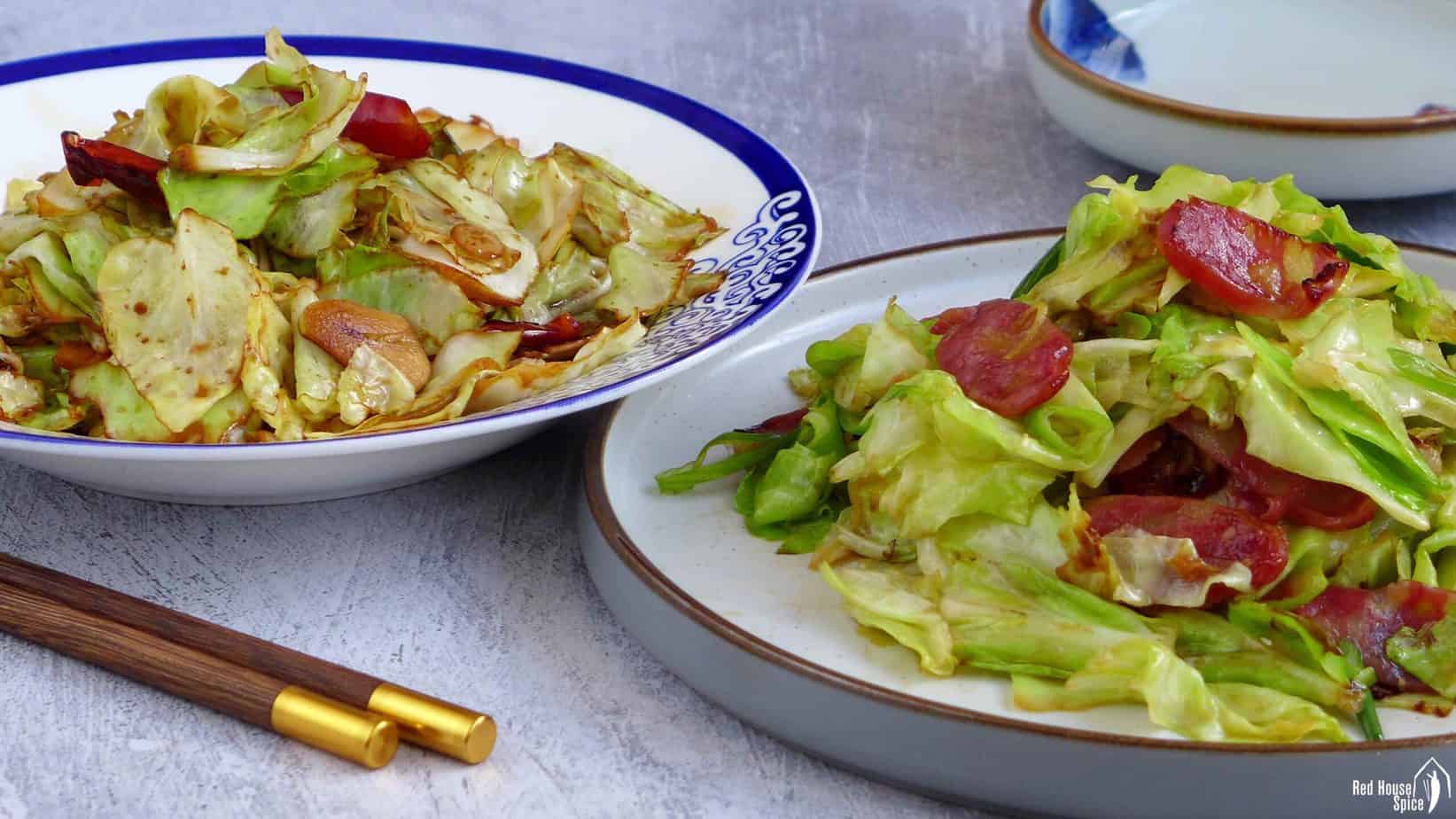 Two plates of stir-fried cabbage