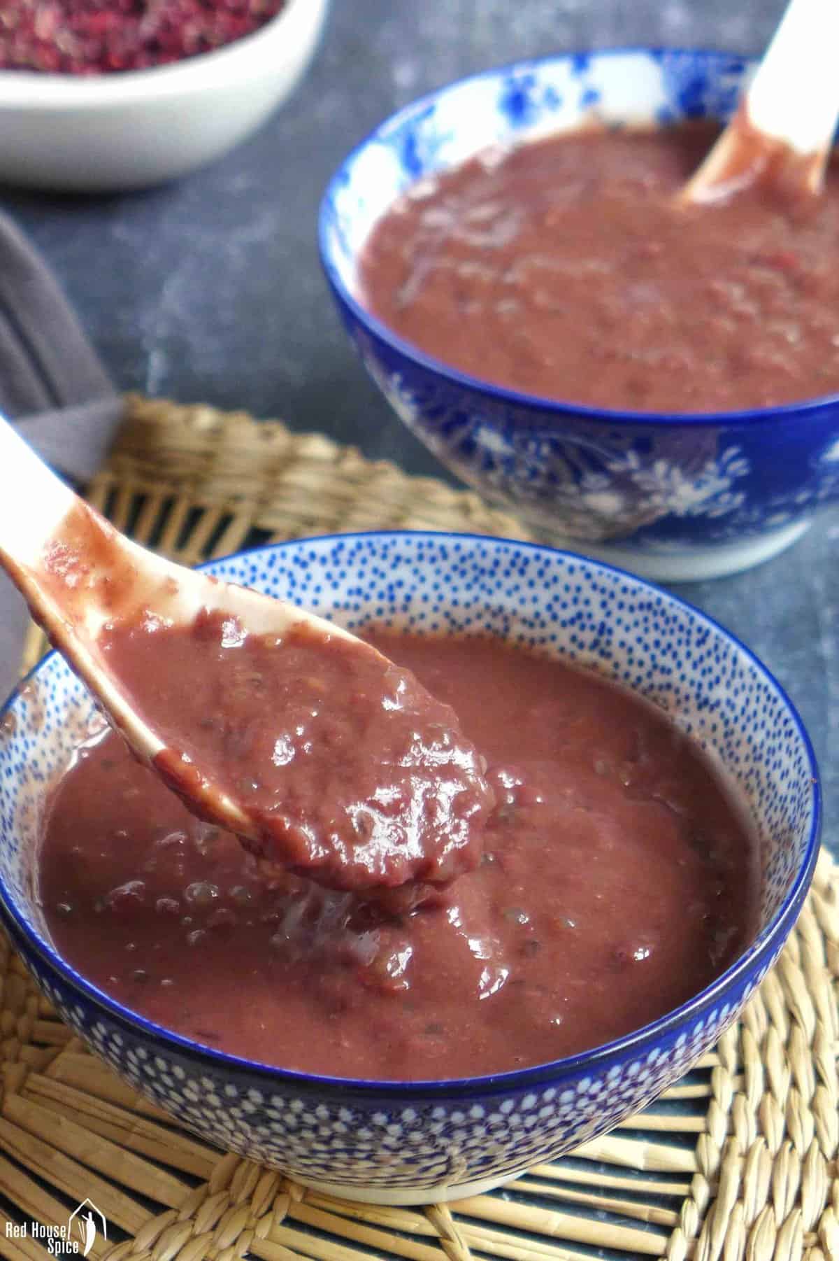 two bowls of sweet red bean soup.
