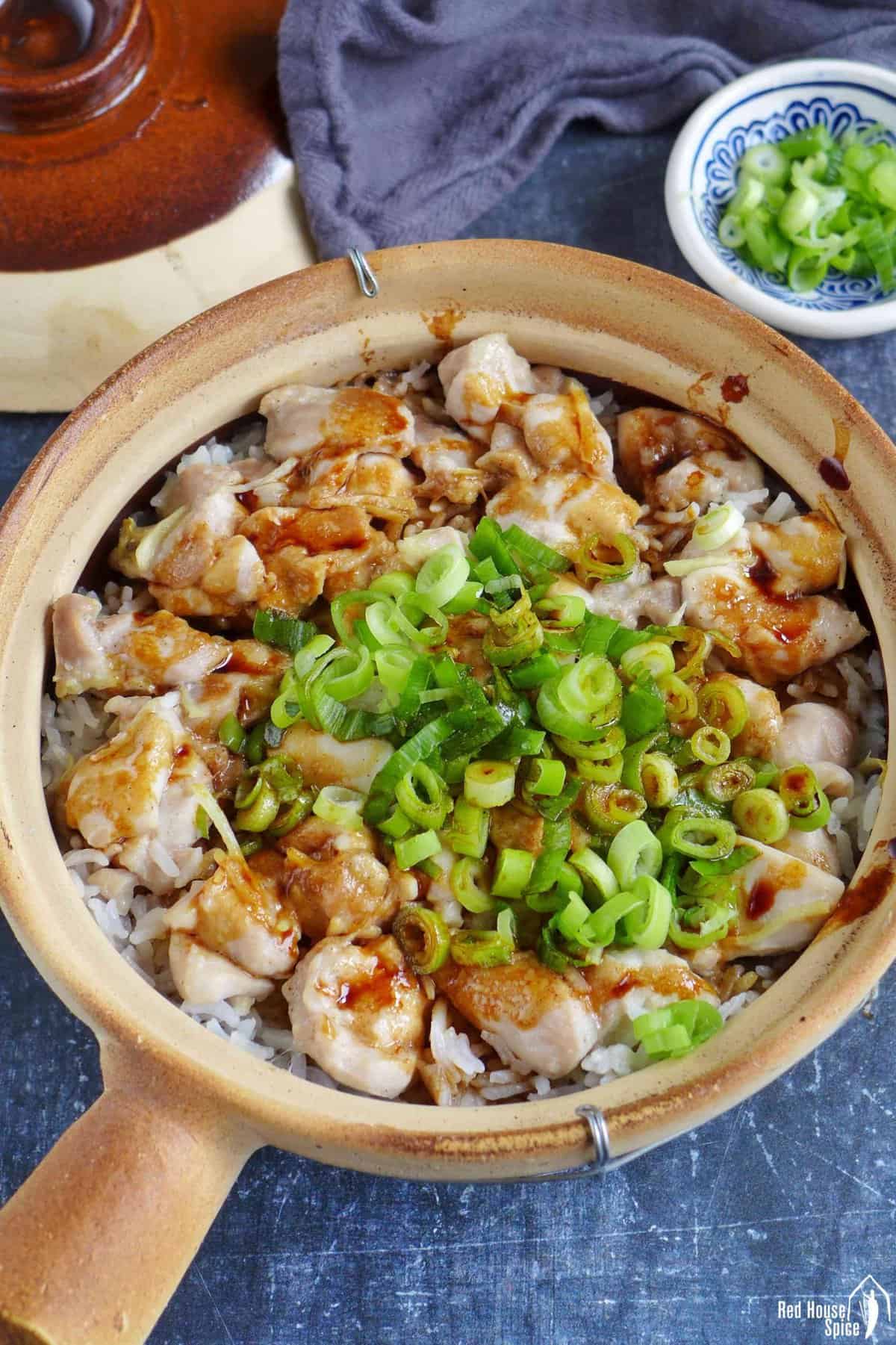 Chicken, rice and sauce in a clay pot.