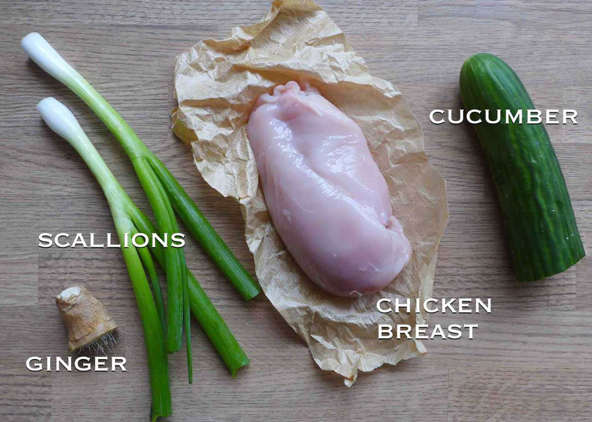 chicken breast, cucumber, scallions, and ginger.