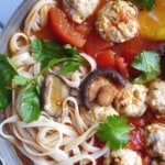 chicken meatball noodle soup with overlay text that says chicken meatball soup.
