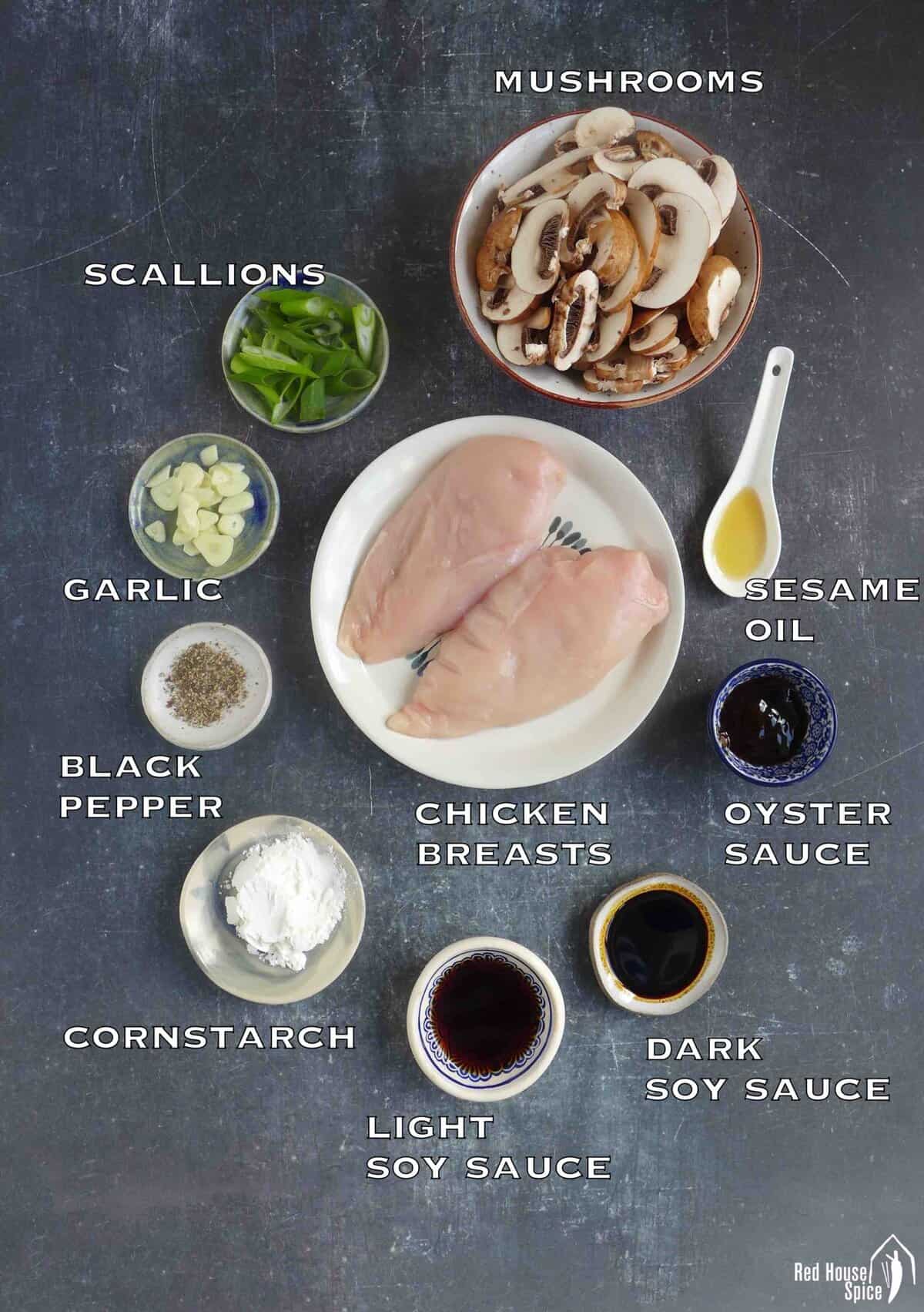 Ingredients for making chicken and mushroom stir-fry.