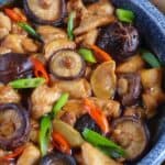 A plate of Chinese steamed chicken with shiitake mushroom