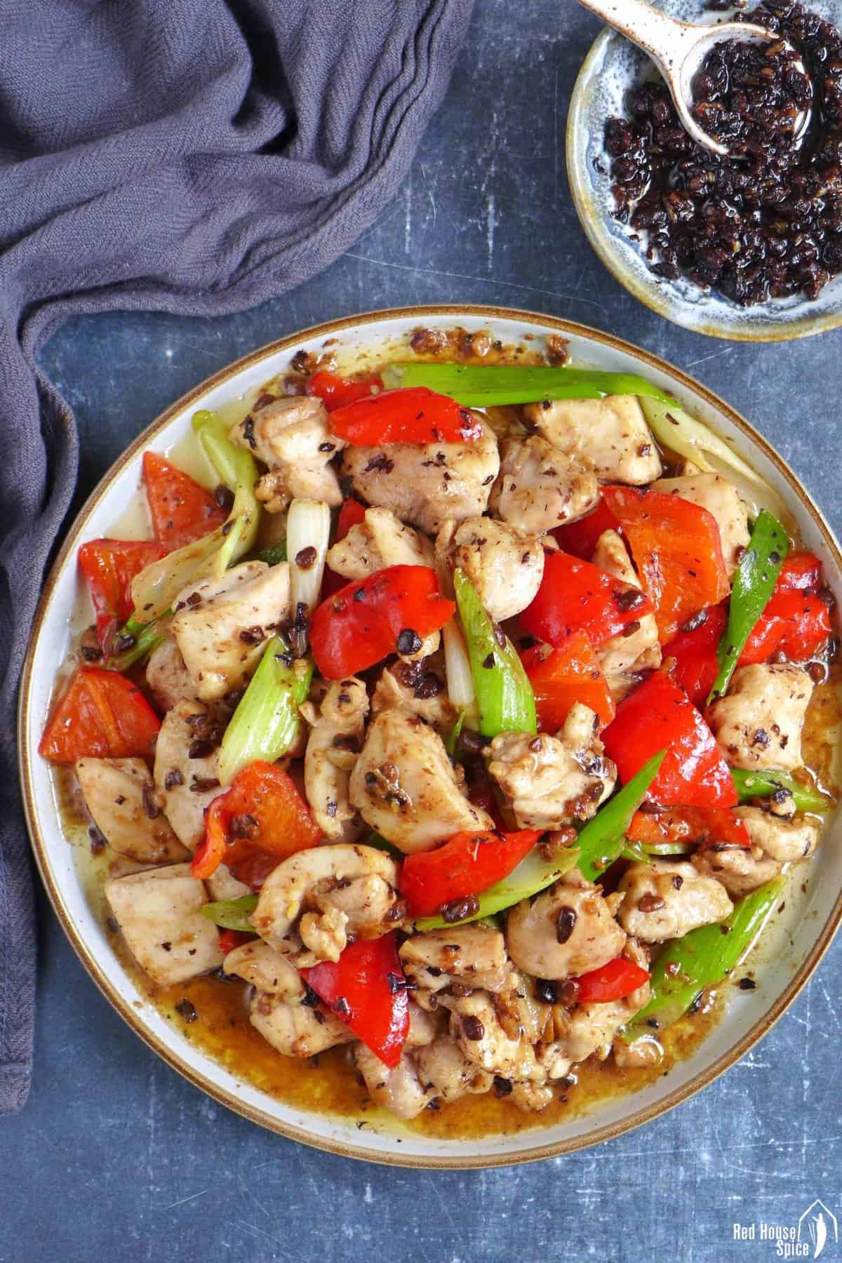 stir-fried chicken with black bean sauce.