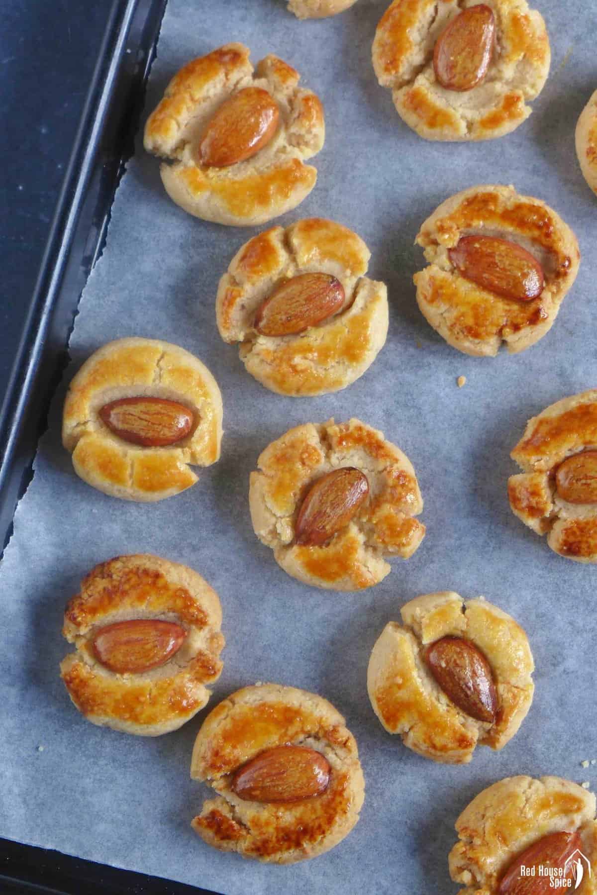 Chinese almond cookies on a baking tray.
