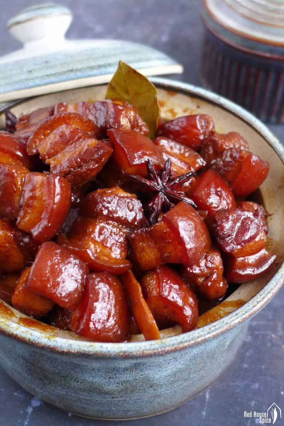 Chinese red braised pork belly in a bowl