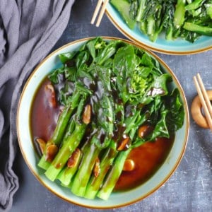 blanched Chinese broccoli with oyster sauce on top.