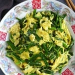 Chinese chive and egg stir-fry in a plate.
