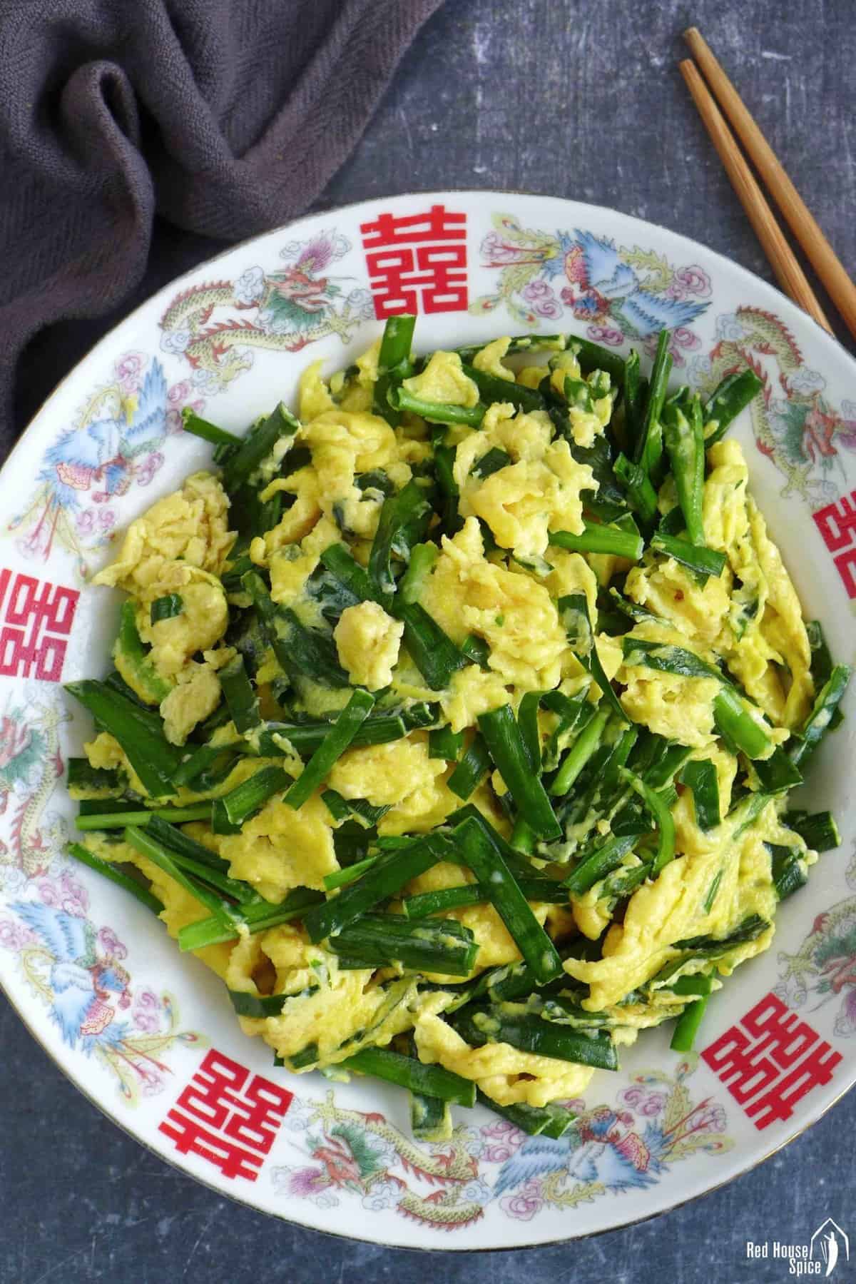 Chinese chive and egg stir-fry in a plate.