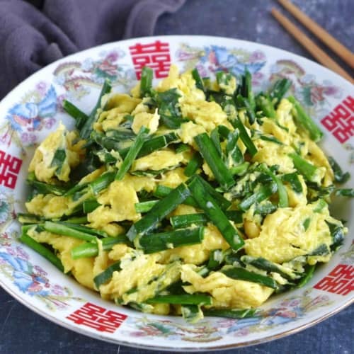 Chinese chive and egg stir-fry in a plate.