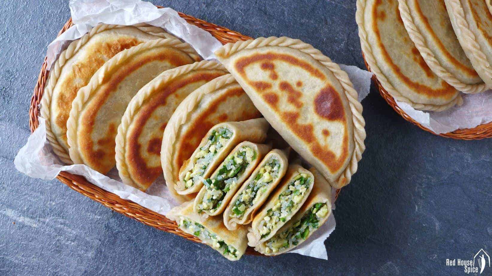 Pan fried flat dumplings filled with Chinese chives and egg
