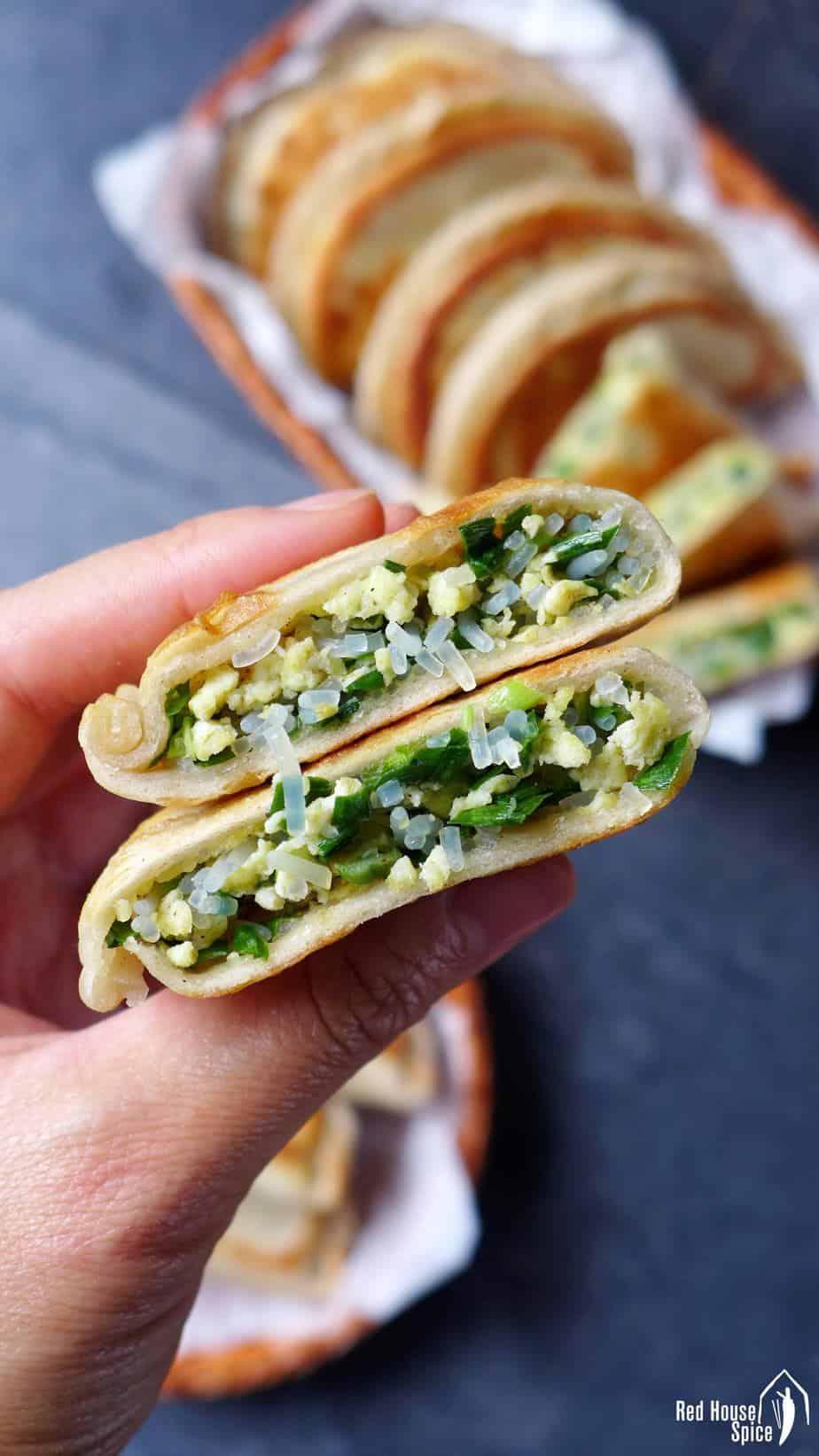 A Chinese chive pocket cut into halves