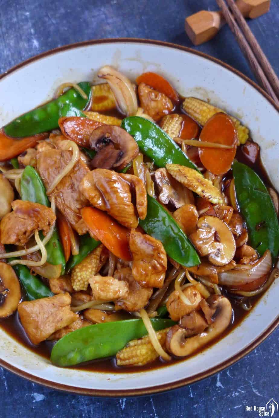 Chinese chicken chop suey in a plate