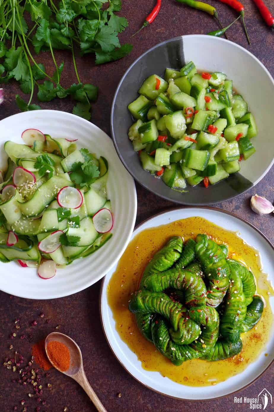 Three plates of Chinese cucumber salad