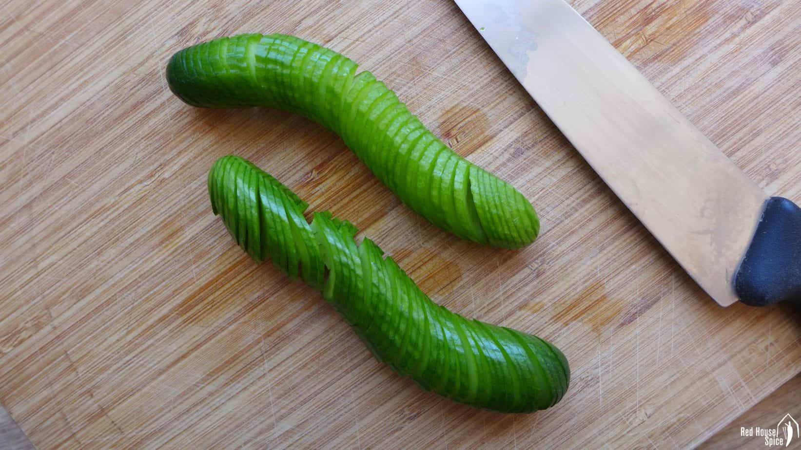 Two cucumbers finely sliced with a knife
