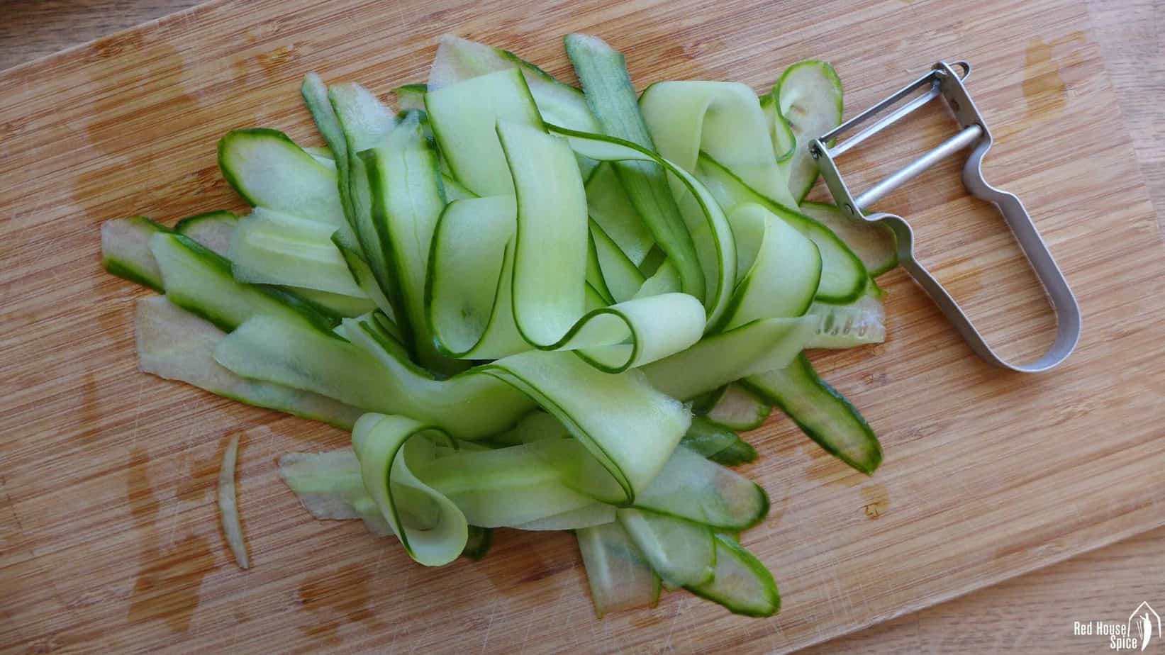 Cucumber sliced with a peeler