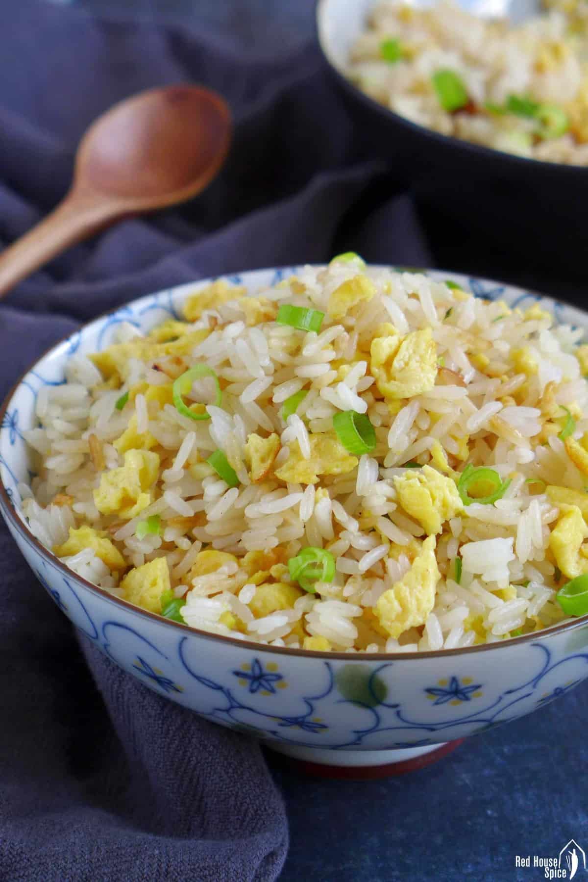 A bowl of Chinese egg fried rice.